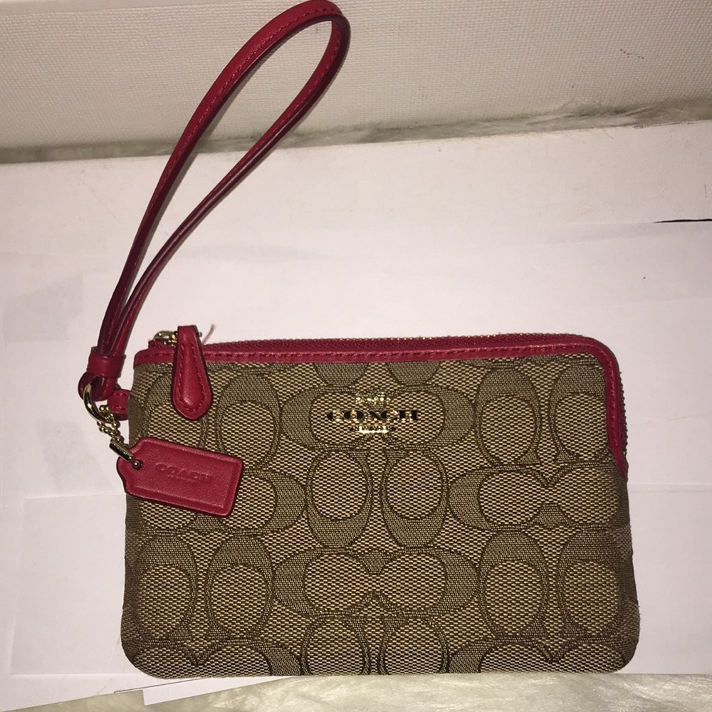 Coach Canvas Signature w/ Red Leather Trim Wristlet
